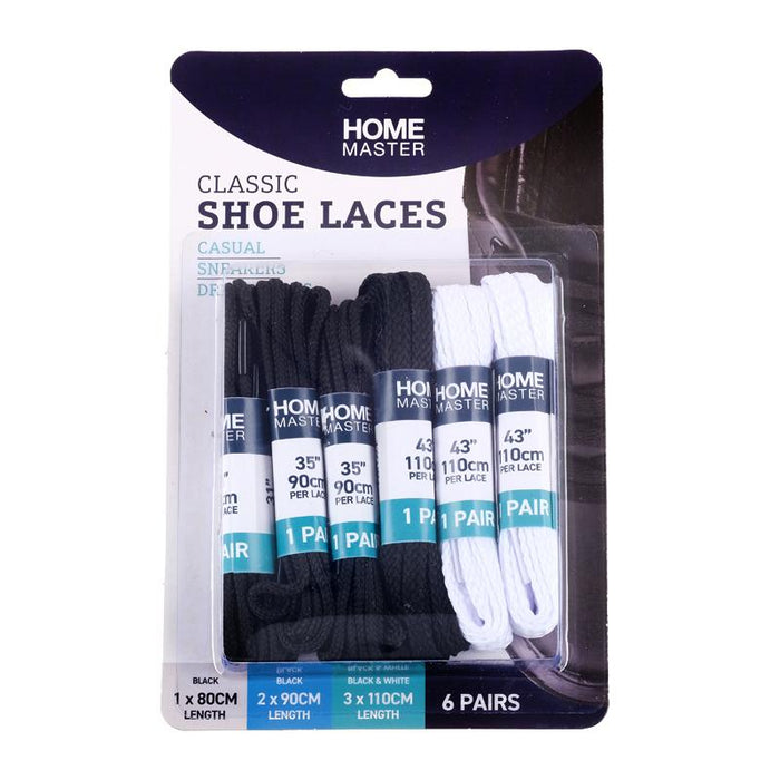 Shoe Laces 6 Pairs Assorted sizes Black & White