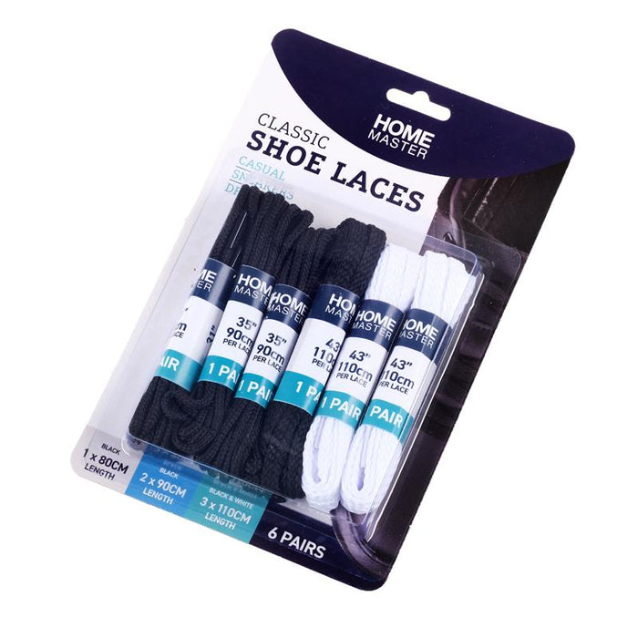 Shoe Laces 6 Pairs Assorted sizes Black & White